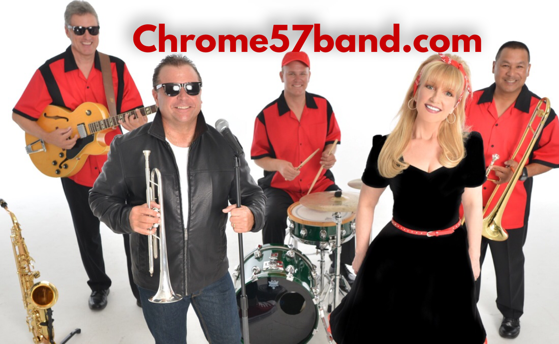 The Chrome 57 band is a 50s band and Oldies band performing in Orlando, Florida and  is pictured at a Grease Theme Band event.