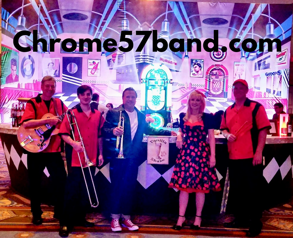 The Chrome 57 band is a 50s band and Oldies band performing in Amelia Island, Florida and is pictured at a Grease Theme Band event.